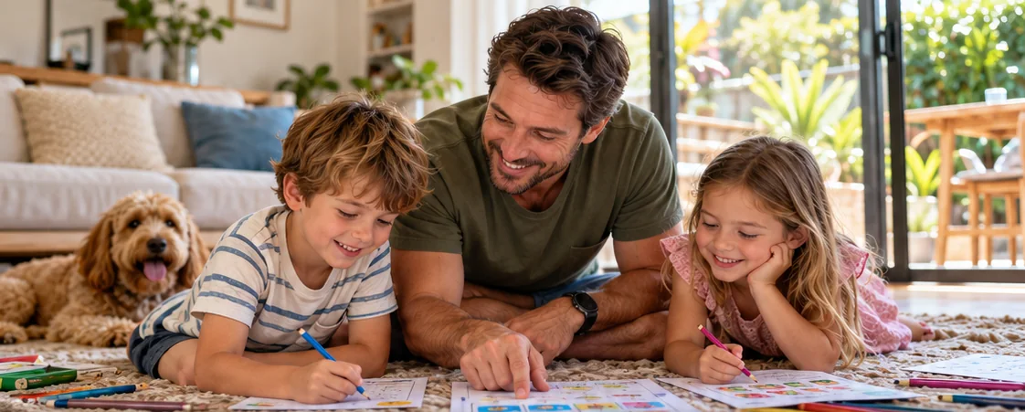 A dad lying on the rug with his son, daughter and dog, doing printed activity sheets