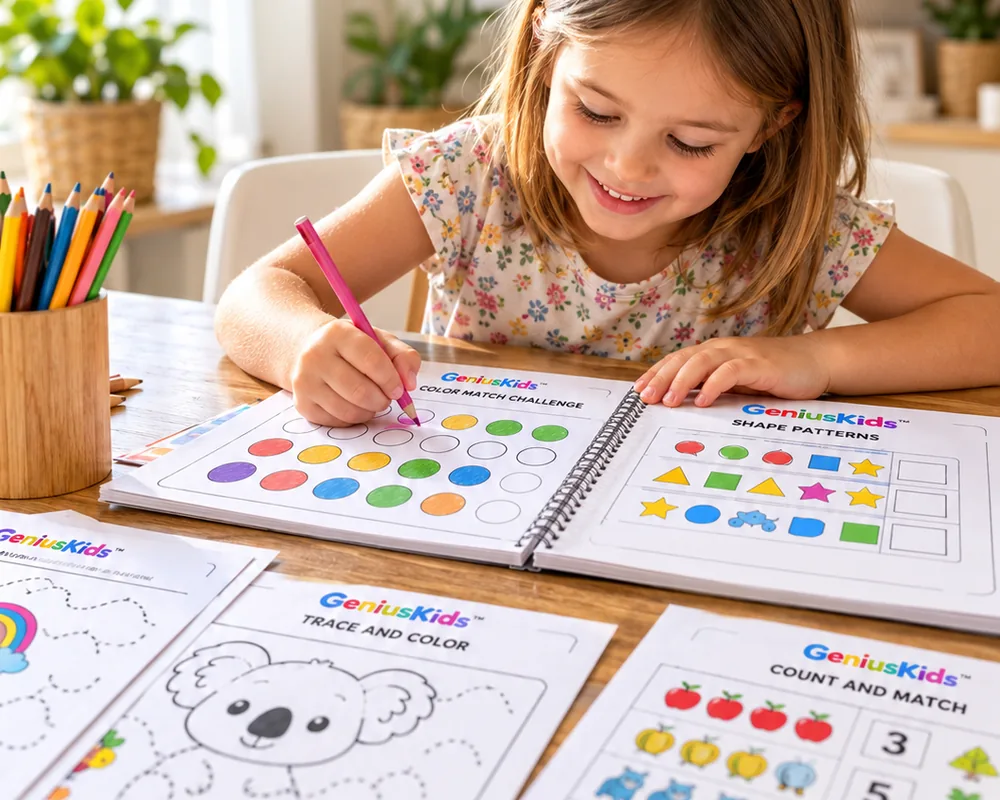 A girl colouring a printed activity sheet at the kitchen table