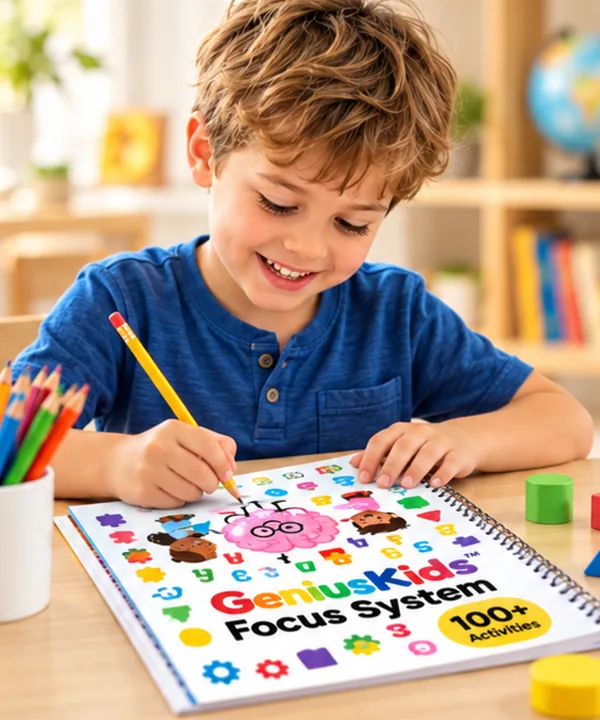 A smiling boy working on a printed GeniusKids™ activity book