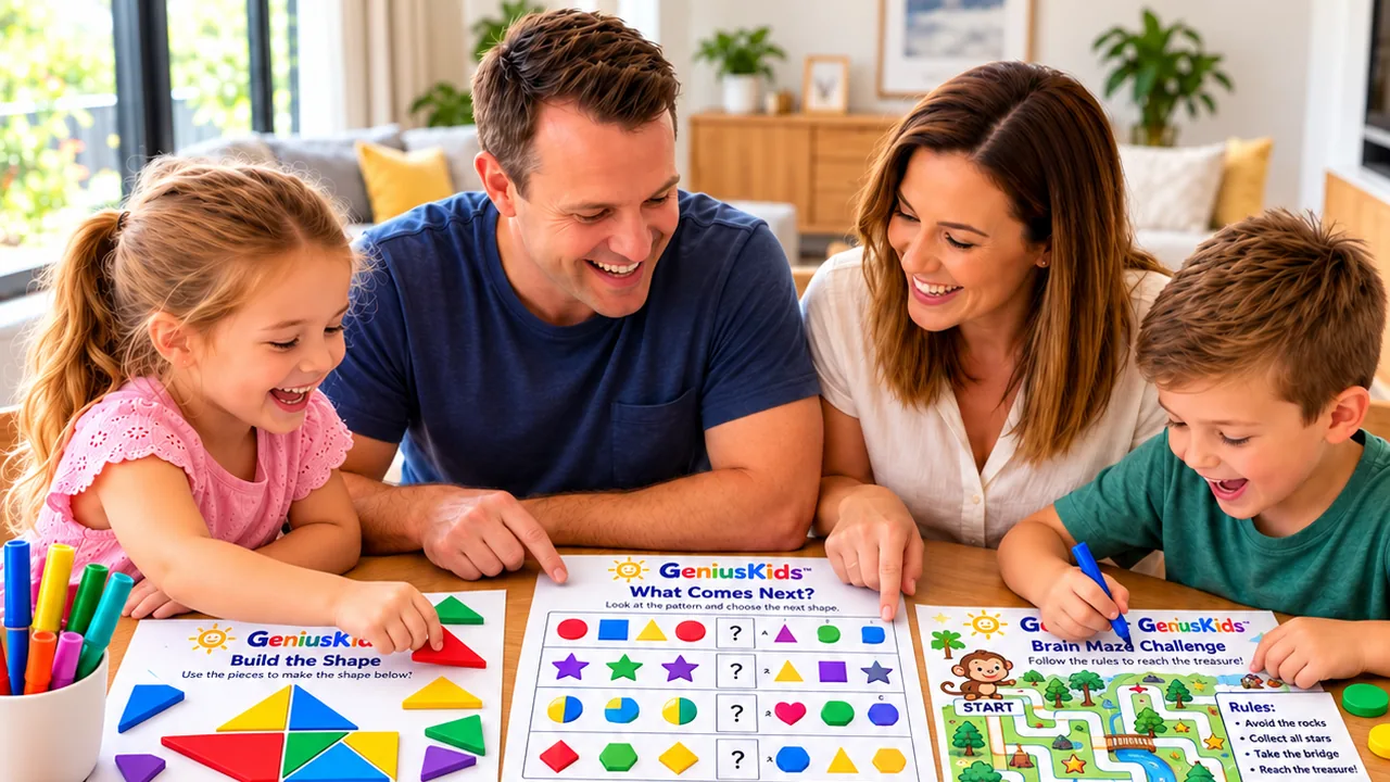 Mum, Dad and two kids laughing over printed activity sheets at the kitchen table
